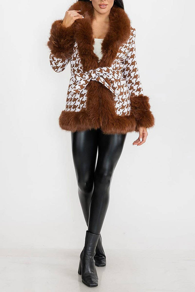 Camel Cloud houndstooth Faux Fur Coat