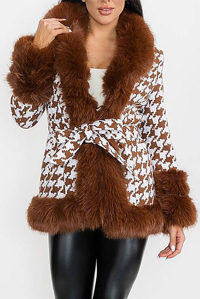 Camel Cloud houndstooth Faux Fur Coat