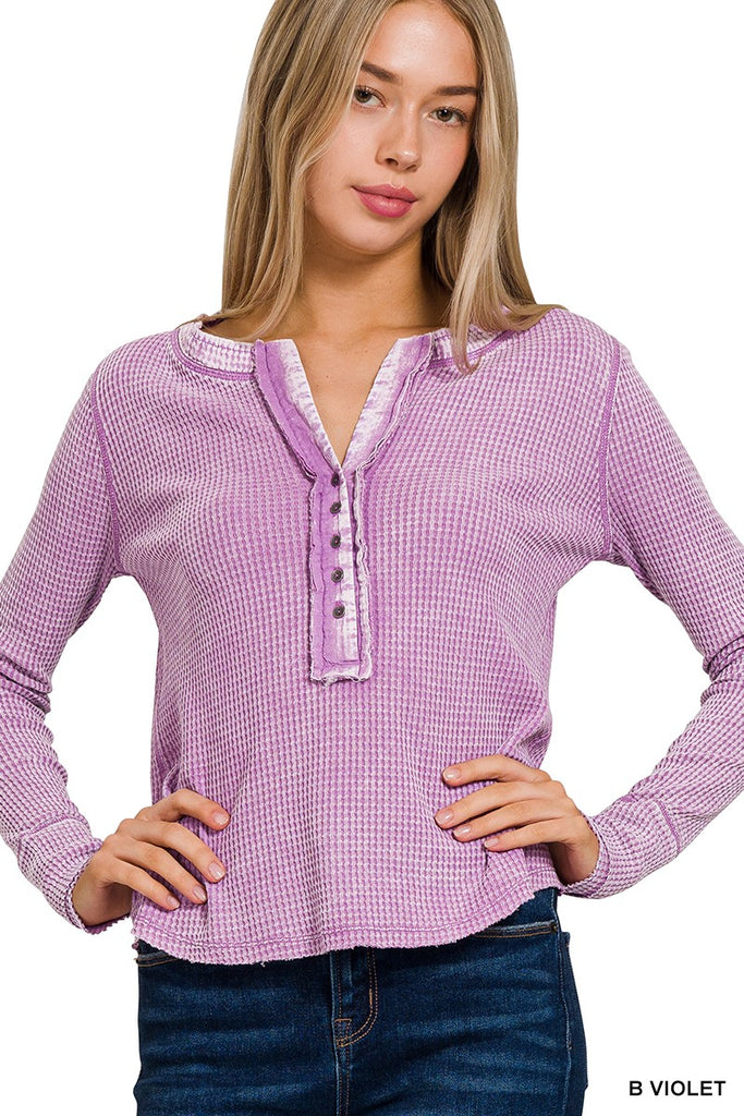 Violet Vintage Washed Waffle Henley Long Sleeve Top