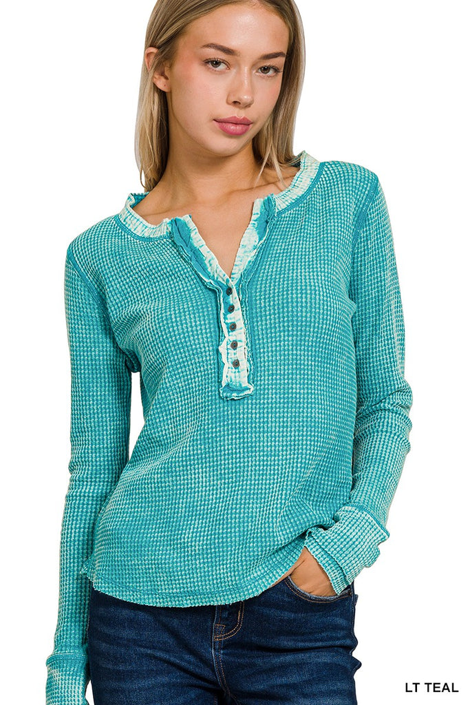 Light Teal Vintage Washed Waffle Henley Long Sleeve Top