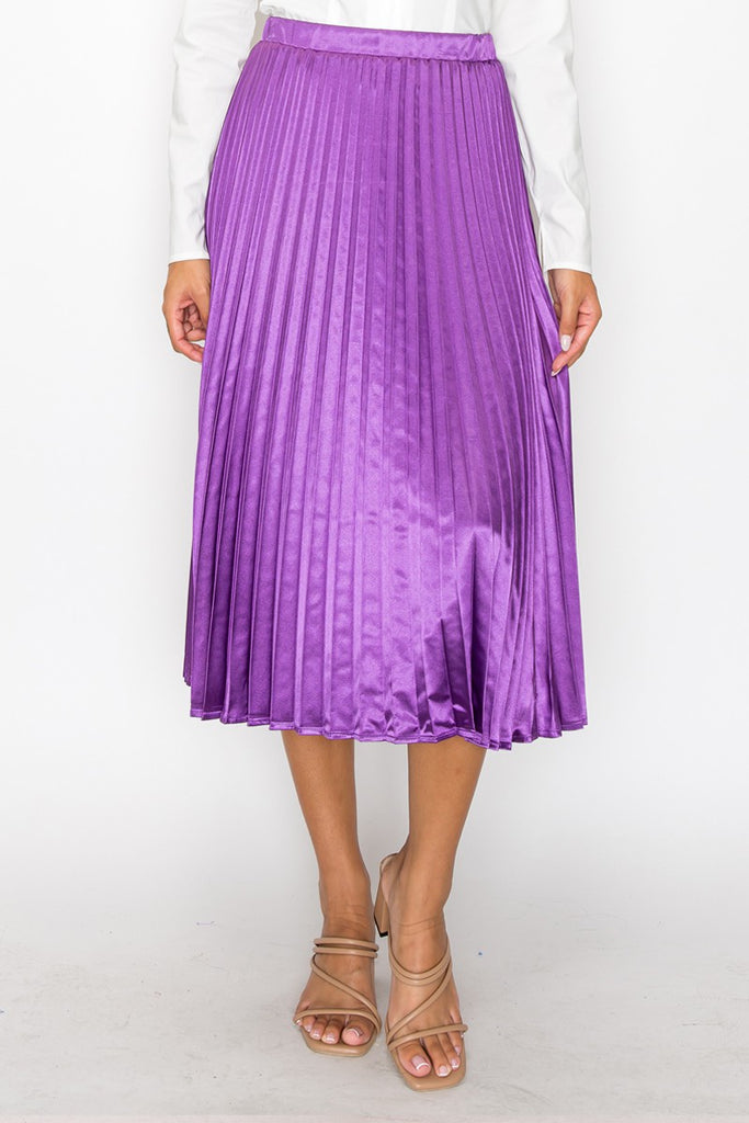 Pleated A-Line Satin Feel Midi Skirt- Purple