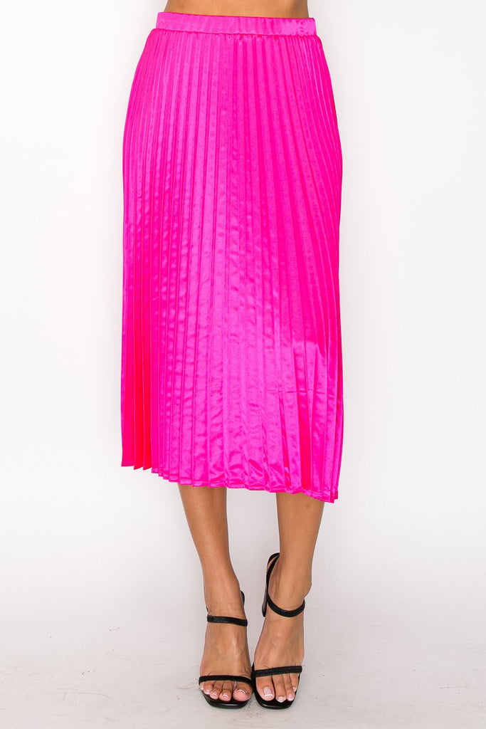Pleated A-Line Satin Feel Midi Skirt- Pink