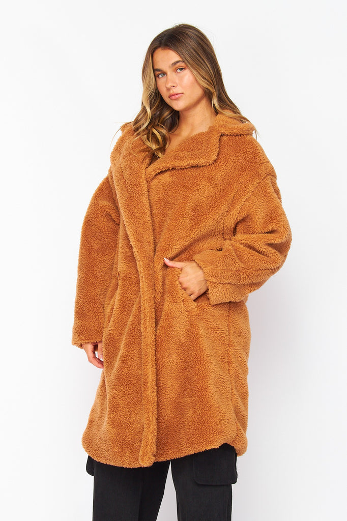 Camel Chasing Stepping into Luxe Sherpa Long Fur Jacket