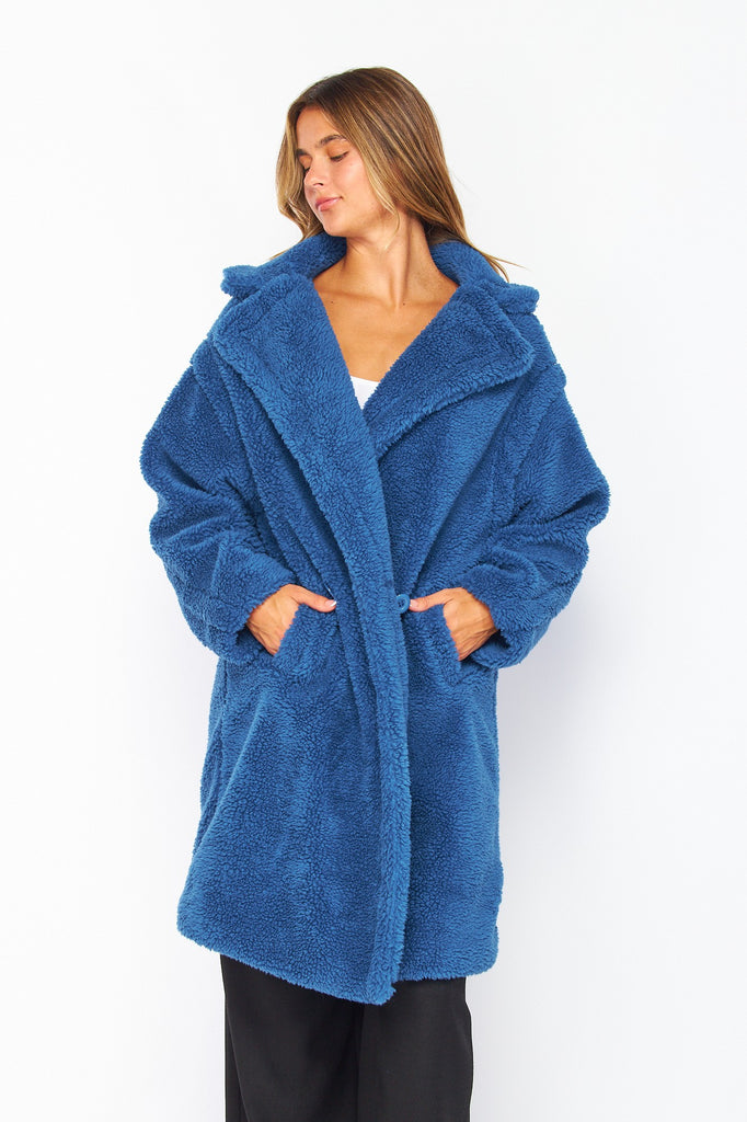 Cobalt Night Stepping into Luxe Sherpa Long Fur Jacket