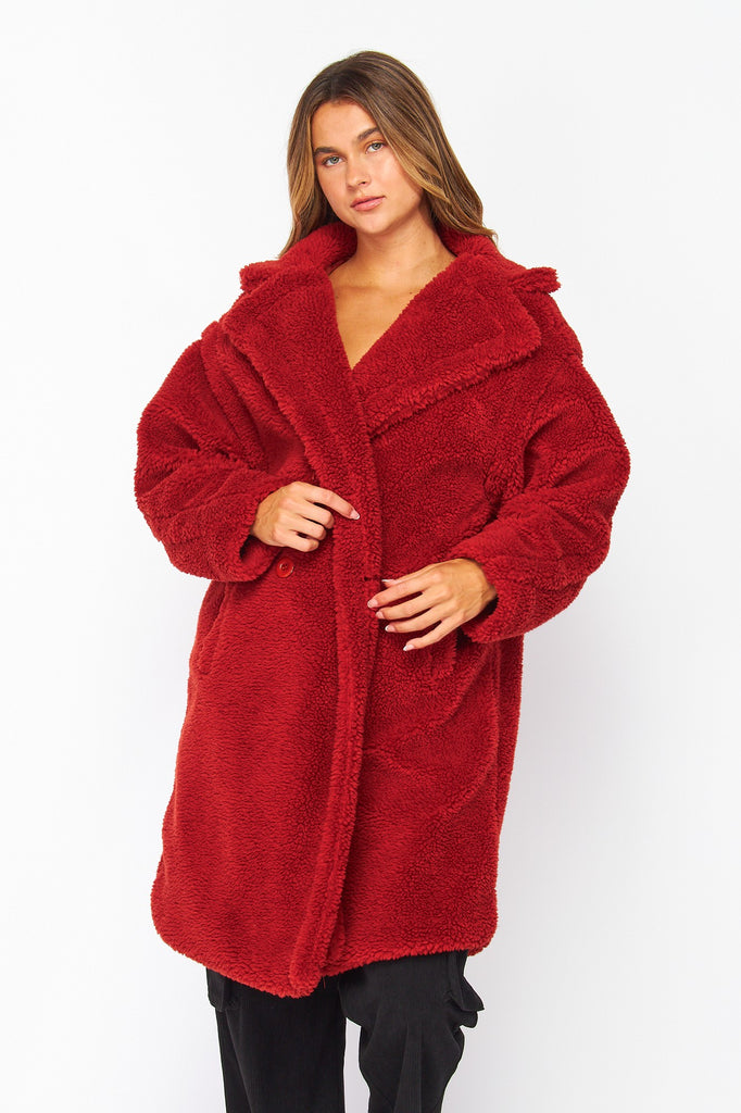 Crimson Kisses Stepping into Luxe Sherpa Long Fur Jacket