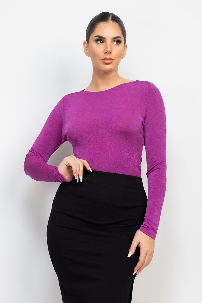 Sheer Impressed Purple Round Neck Long Sleeve Top