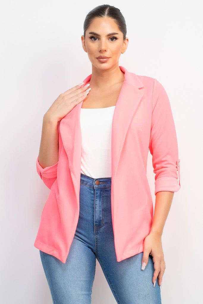 Shirred Neon Pink Quarter Sleeve Blazer