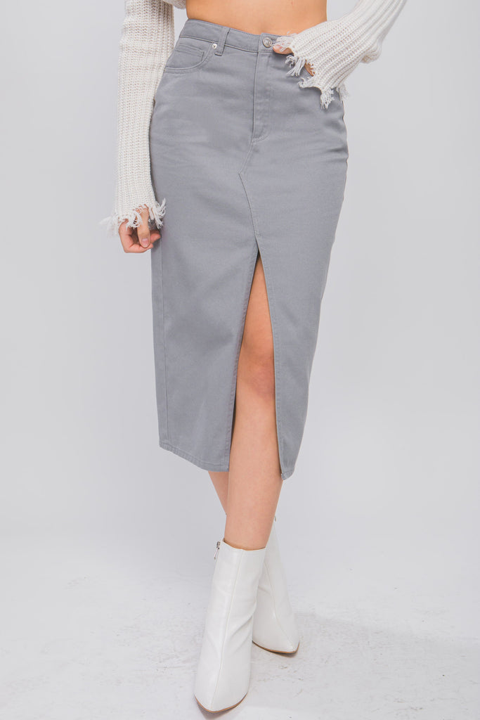 Silver Lining Grey Wash Denim Slit Skirt