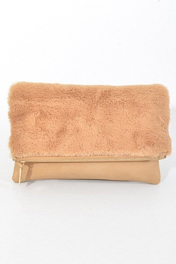 Fluffy Foldover Clutch- CAMEL