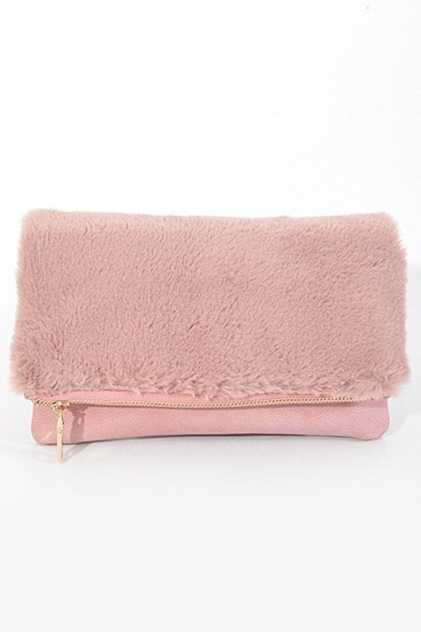 Fluffy Foldover Clutch- PINK