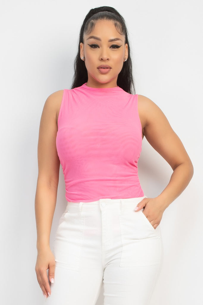 Better In Business Mock Neck Shirred Top- Neon Pink
