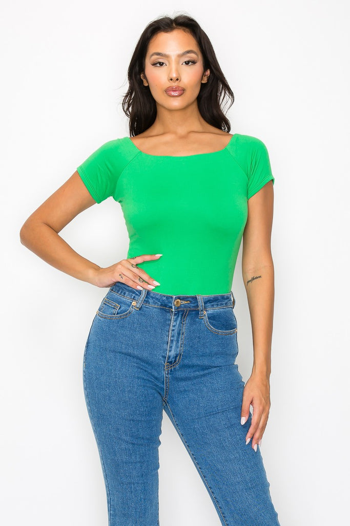 Doubled Up Boat Neck Bodysuit Top- Green