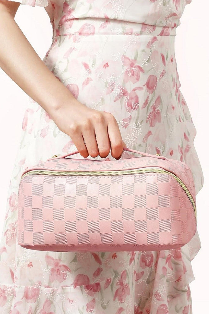 Pink Racer Checked Out Zipper Cosmetics Zip Up Bag