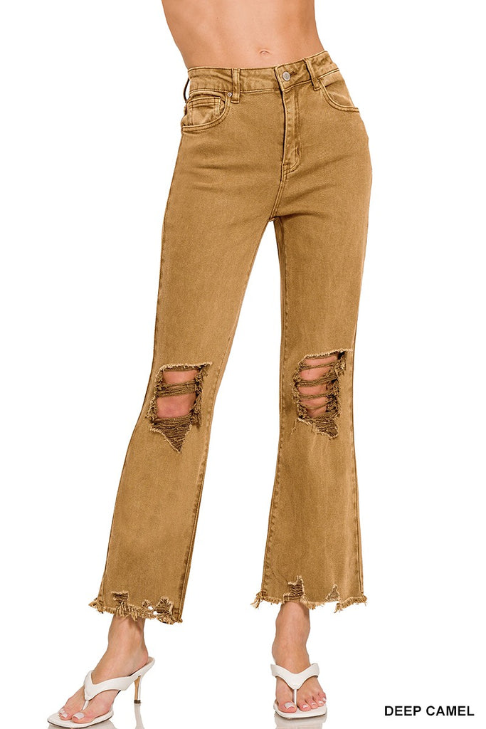 Camel Acid Wash High Rise Distressed Cropped Denim