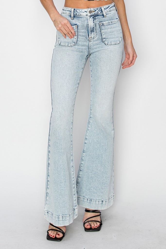 Hailey High Rise Front Patch Pocket Bell Bottom Denim Jeans