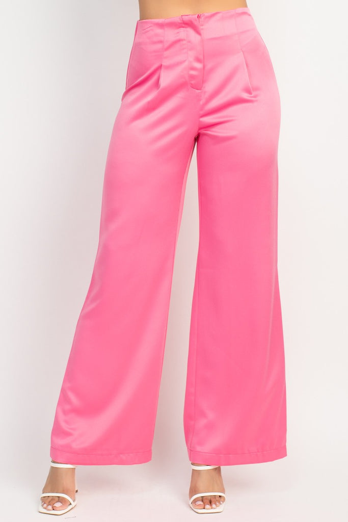 Satin High-Rise Wide Leg Pants- Pink