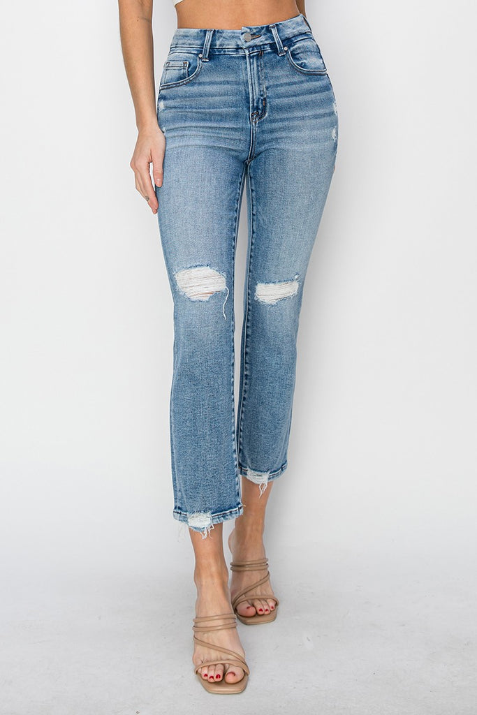 April Rain Distressed Ankle Straight Leg Skinny Jeans