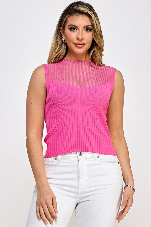 All Over Ribbed Sleeveless Tank Top-Pink