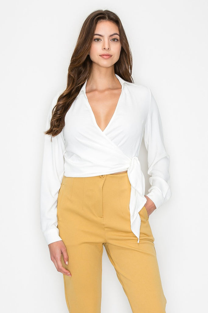 To the Side Tied Surplice Blouse - Ivory