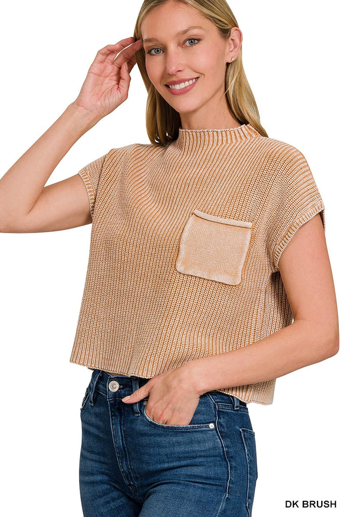 Light Mocha Pistachio Washed Mock Neck Sweater Top