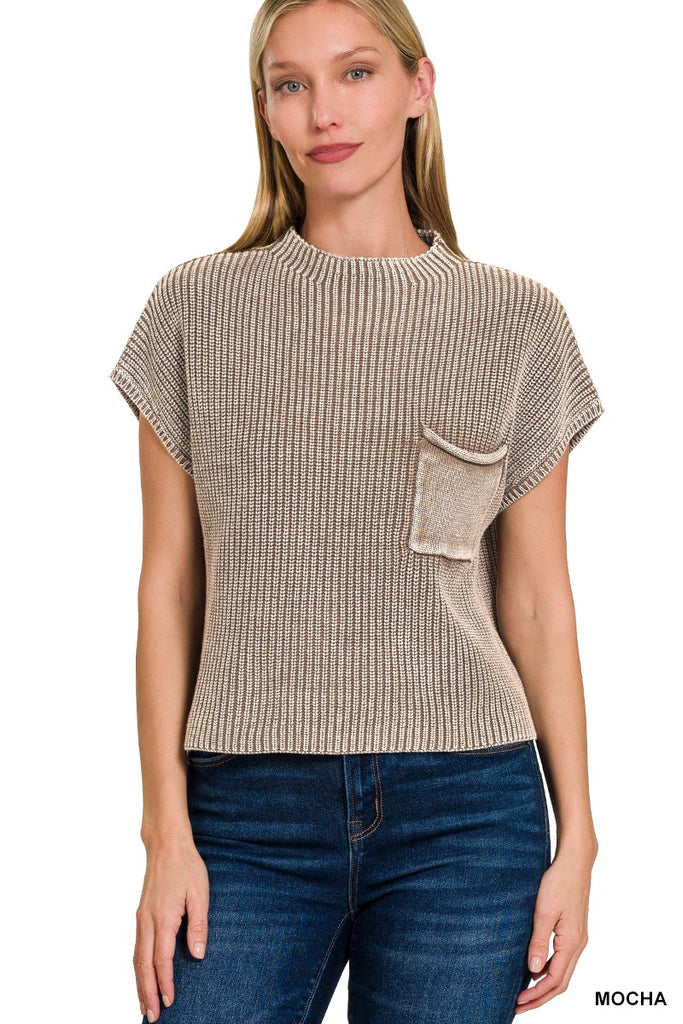 Dark Washed Mocha Mock Neck Sweater Top