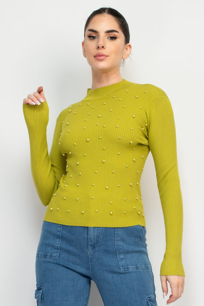 Chartreuse Sweet Pearl Beaded Ribbed Mock Neck Top