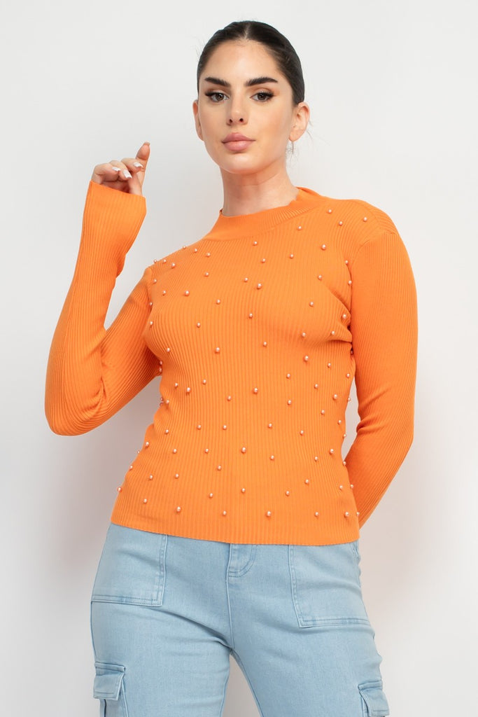 Tangerine Sweet Pearl Beaded Ribbed Mock Neck Top