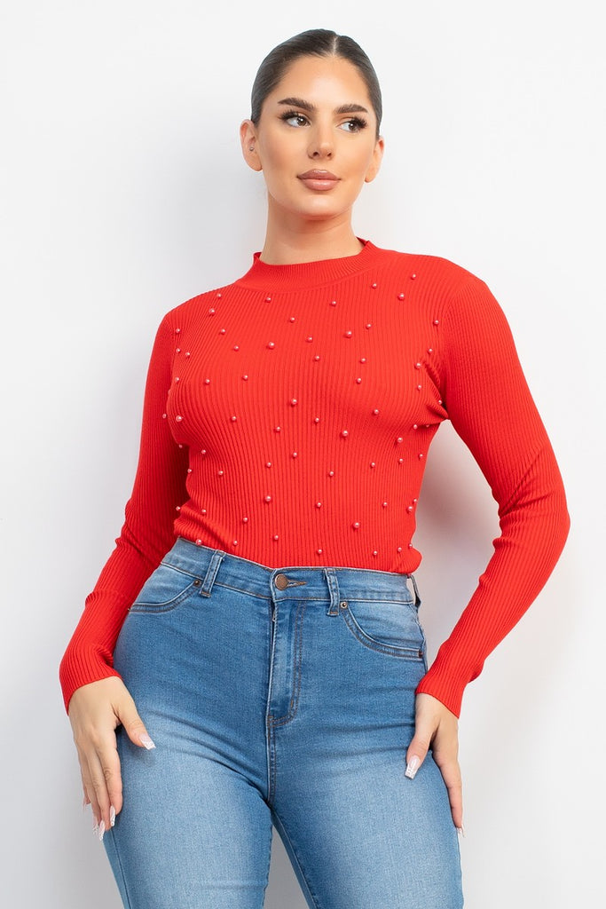 Red Sweet Pearl Beaded Ribbed Mock Neck Top