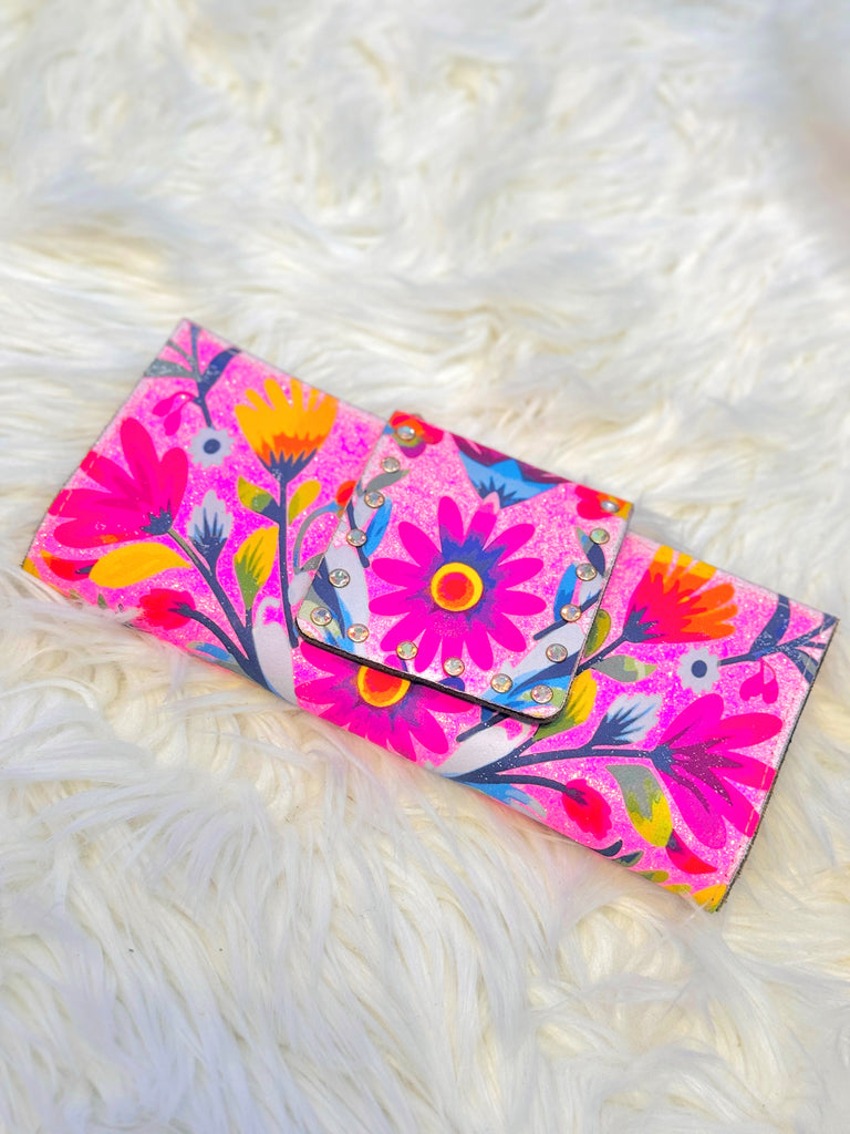 Perfectly Pink Glitter Floral AB Wallet Clutch