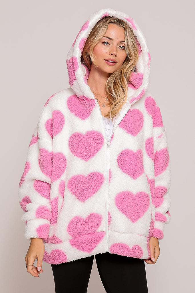 Flirtatious Hearts Sherpa Zip Up Jacket - Pink & Ivory!