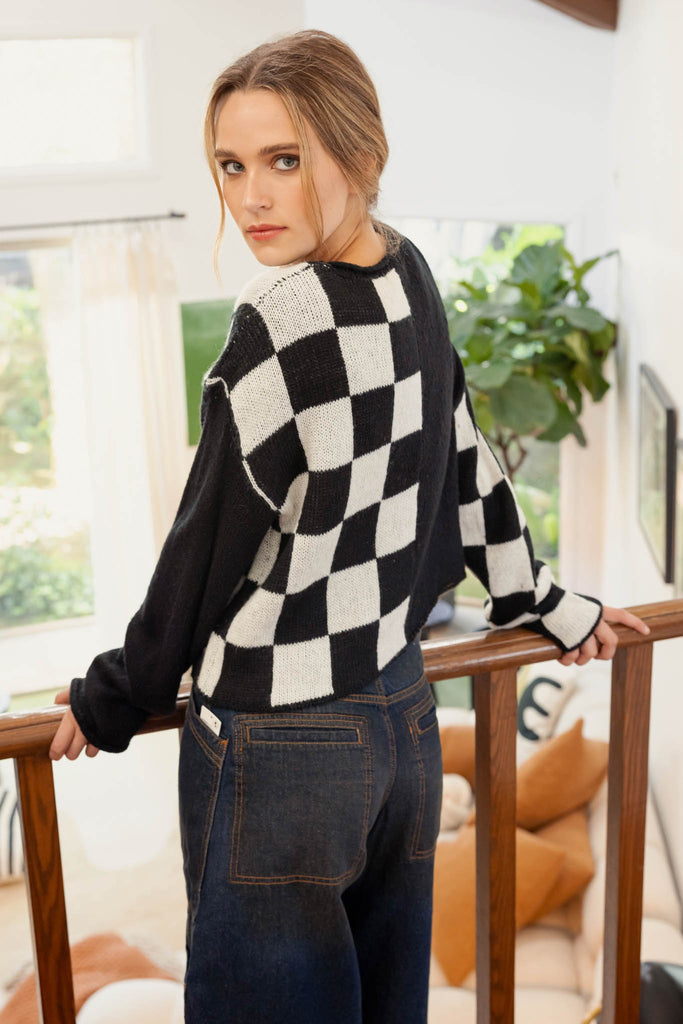 Black & White Checkmate Color Chop Sweater