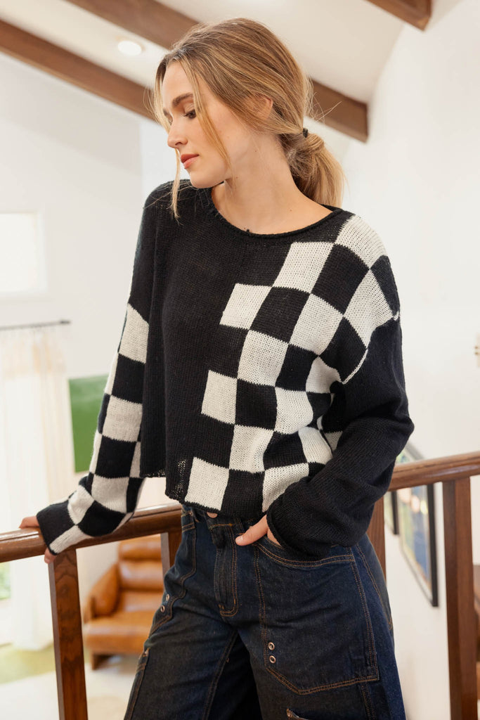 Black & White Checkmate Color Chop Sweater