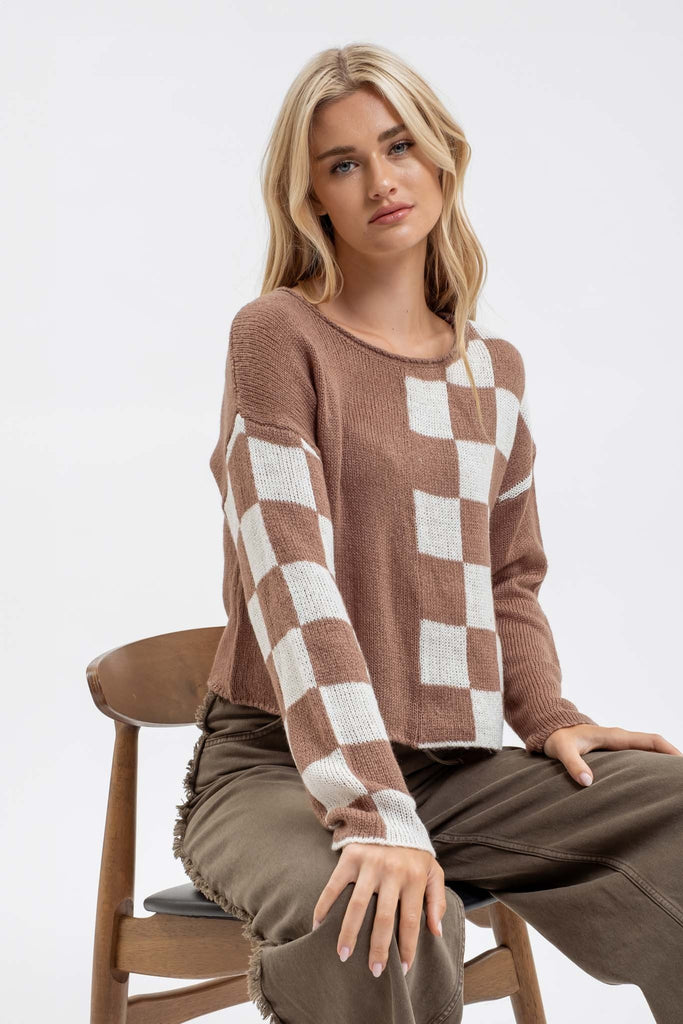 Mocha & Ivory Checkmate Color Chop Sweater