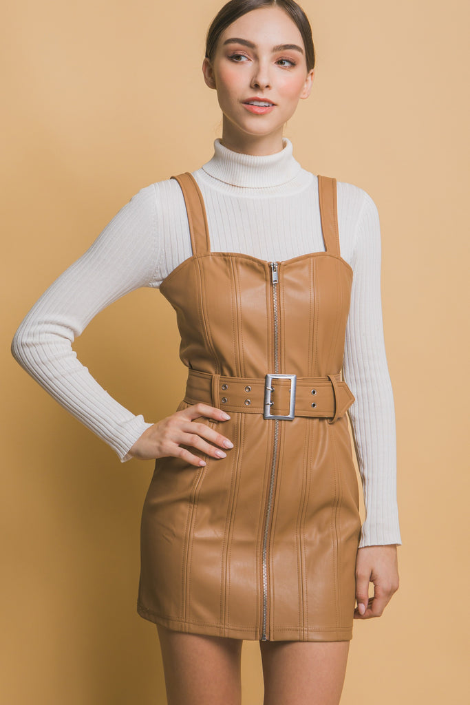 Camel Something Fierce Faux Leather Fall Overall Dress