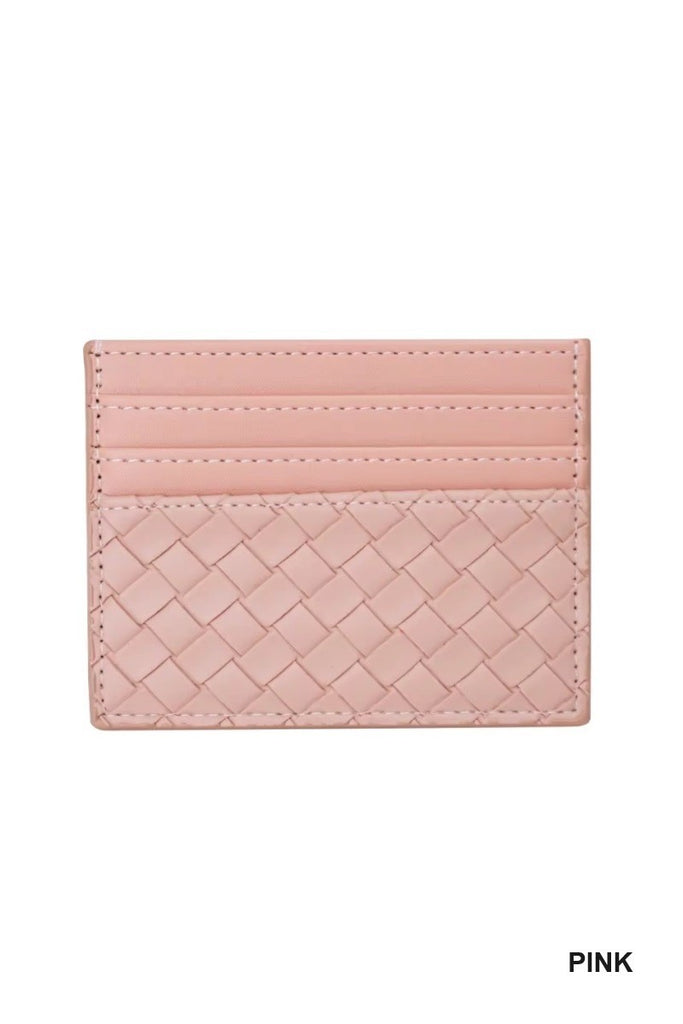 Slim Woven Vegan Leather Card Holder - Pink