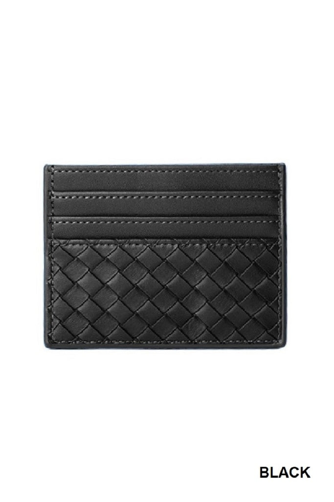 Slim Woven Vegan Leather Card Holder - Black