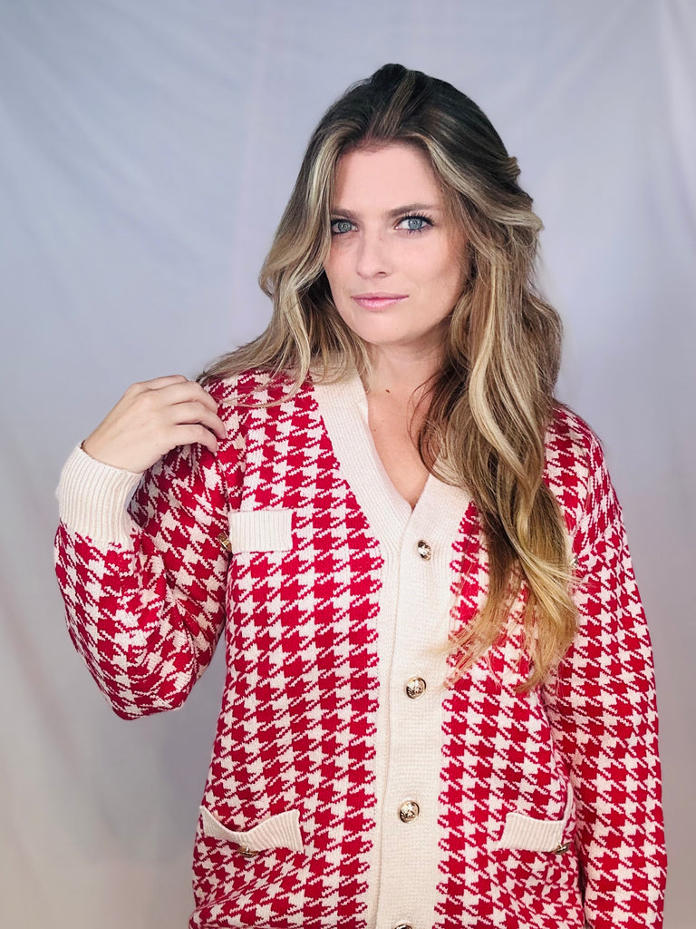 Red & Ivory Houndstooth Jacket/Cardigan