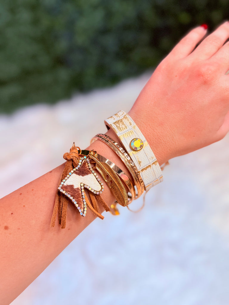 Cream Golden Cuban Leather Charm Bracelet Set