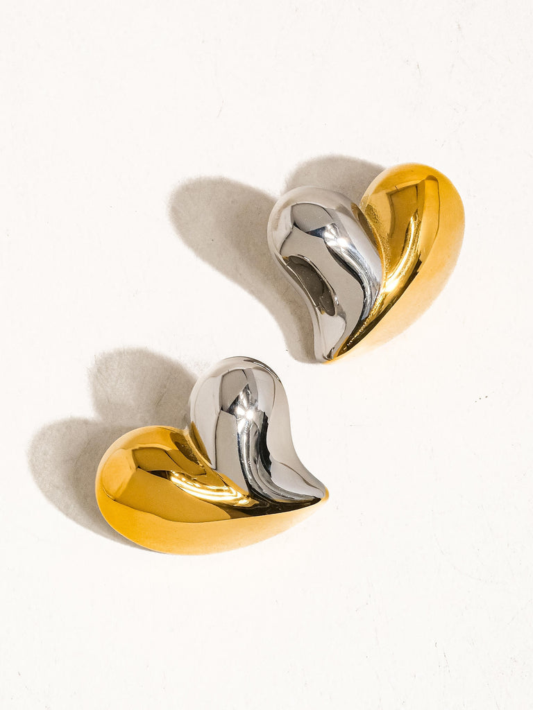 18K Two Tone Metal Heart Studs