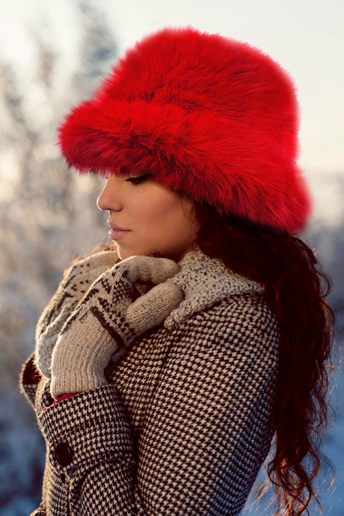 Winter Fur Couture Bucket Hat - Kiss Me Red