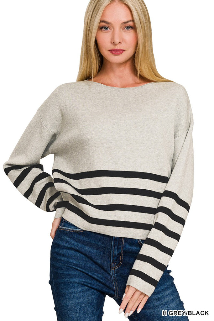 SO Heathered Grey & Black Striped Viscose Sweater Top