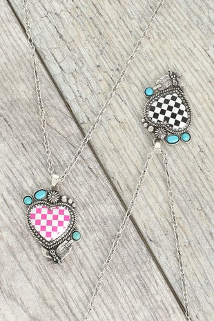 Heart in Check Cowgirl Pink Necklace