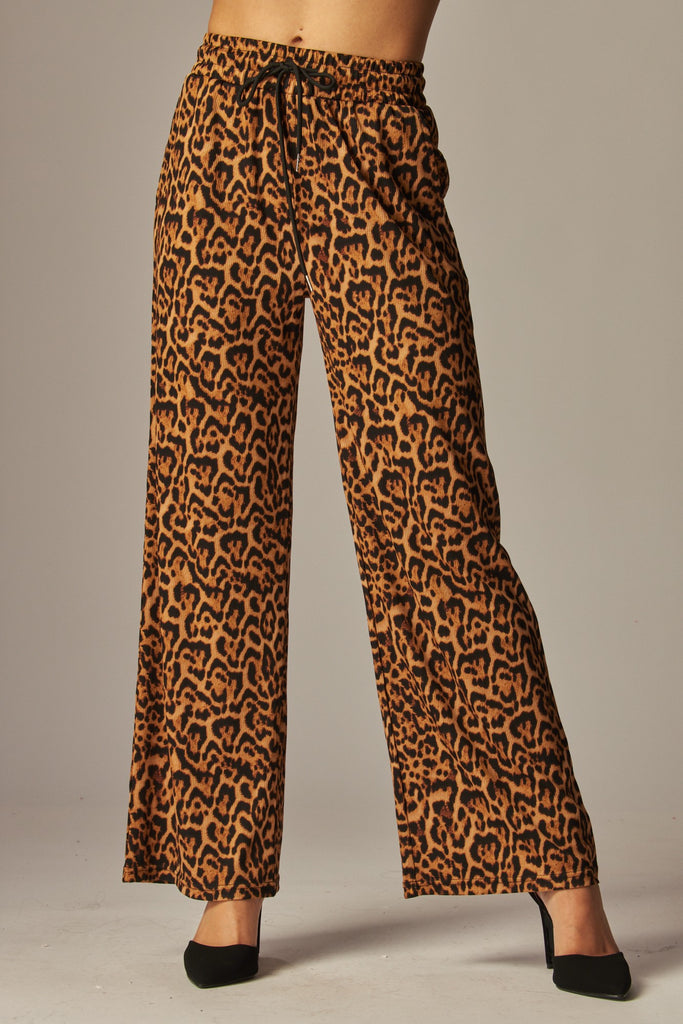 Ribbed and Tied Jungle Printed Wide Leg Pants