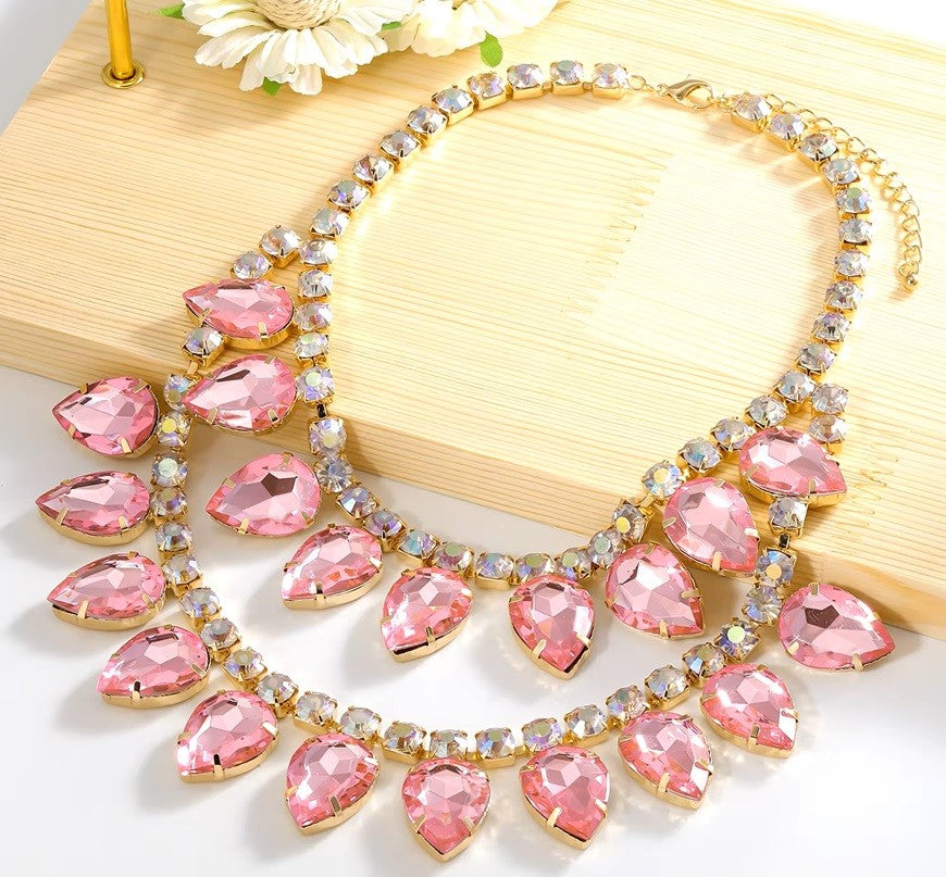 More the Merrier Crystal Layered Necklace - Pink