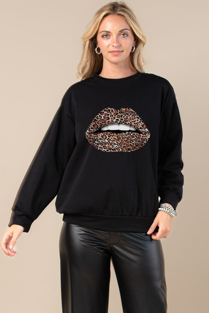 Add the Drama Leopard Lips Long Sleeve Crewneck Top