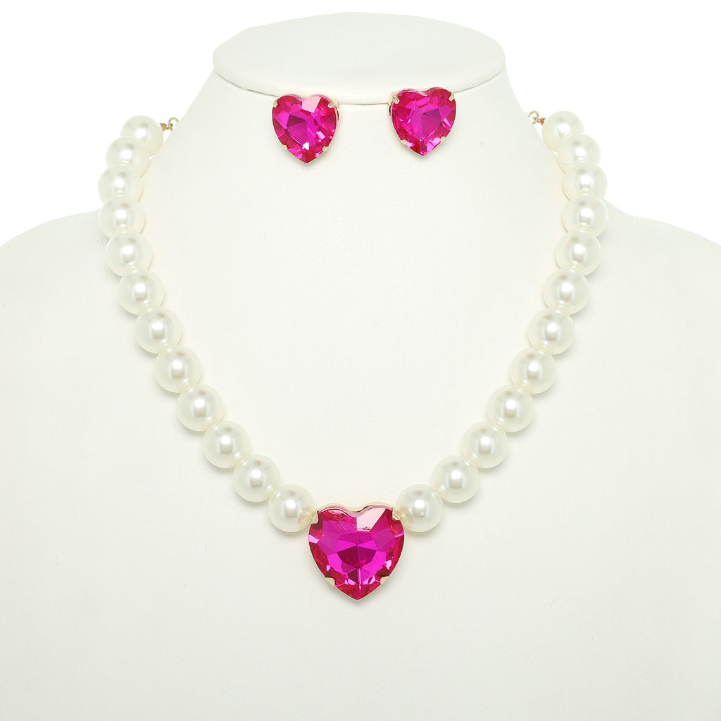 Solitaire Heart Charm Necklace and Earring Set - Fuchsia