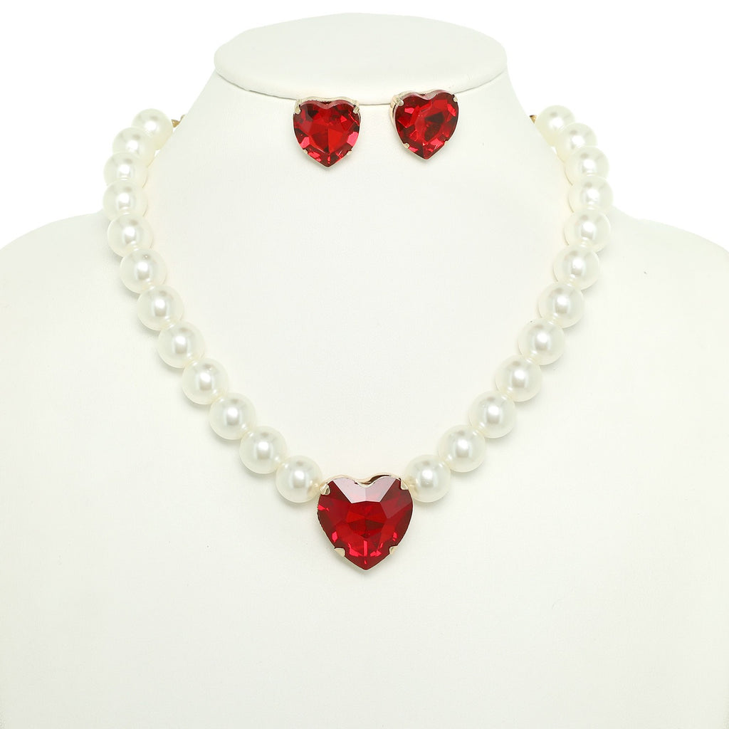 Solitaire Heart Charm Necklace and Earring Set - Red