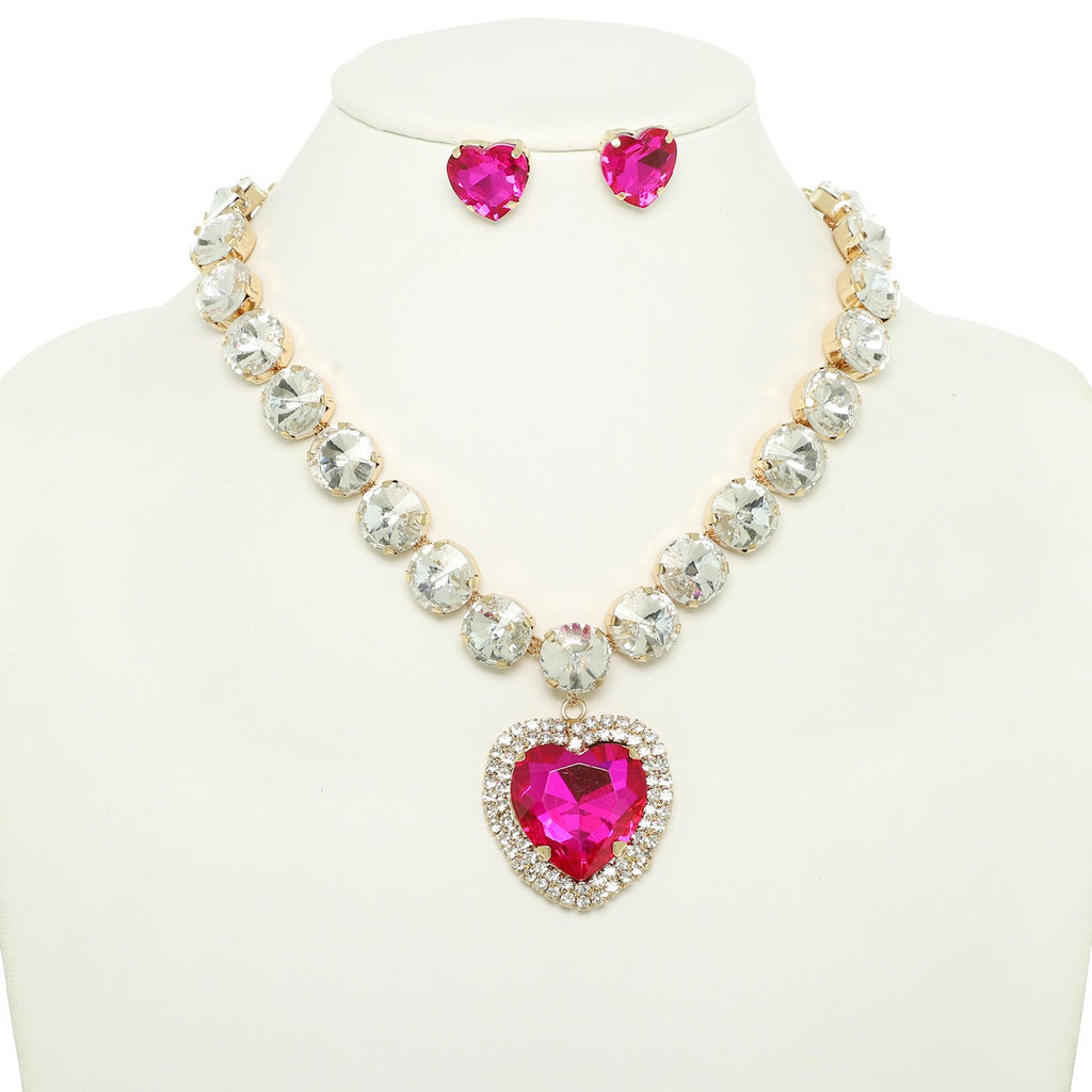 Classic Essence Heart Crystal Necklace - Fuchsia