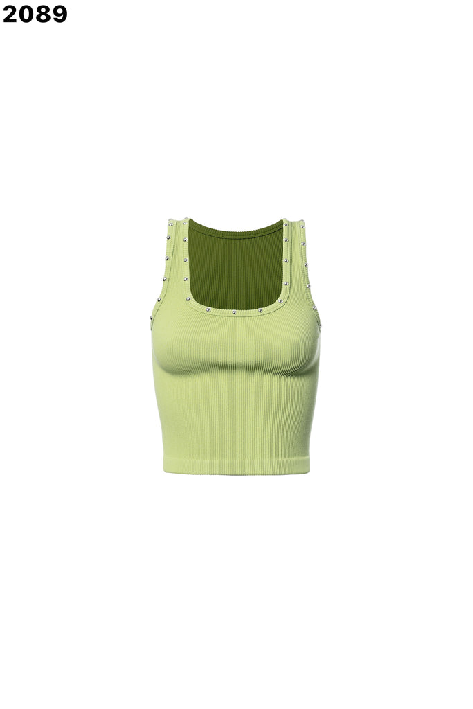 Studded Down Ribbed Stretch Top - Green