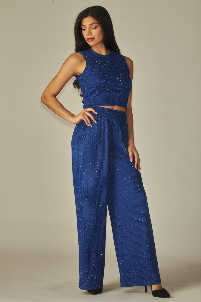 Blissful Ambiance Crinkle Spring Pant Set - Indigo Blue